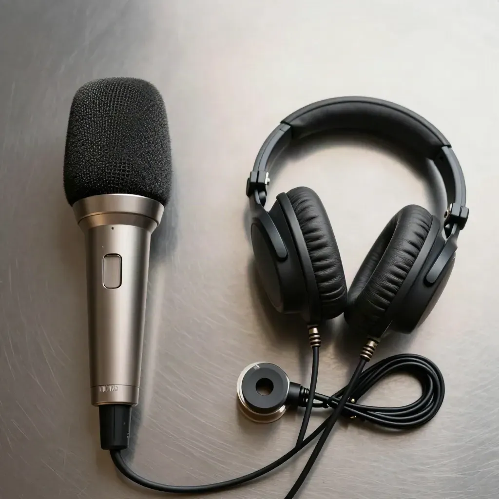 Kit per pulizia audio visto dall'alto: microfono, cuffie, windscreen e bobina su acciaio spazzolato.