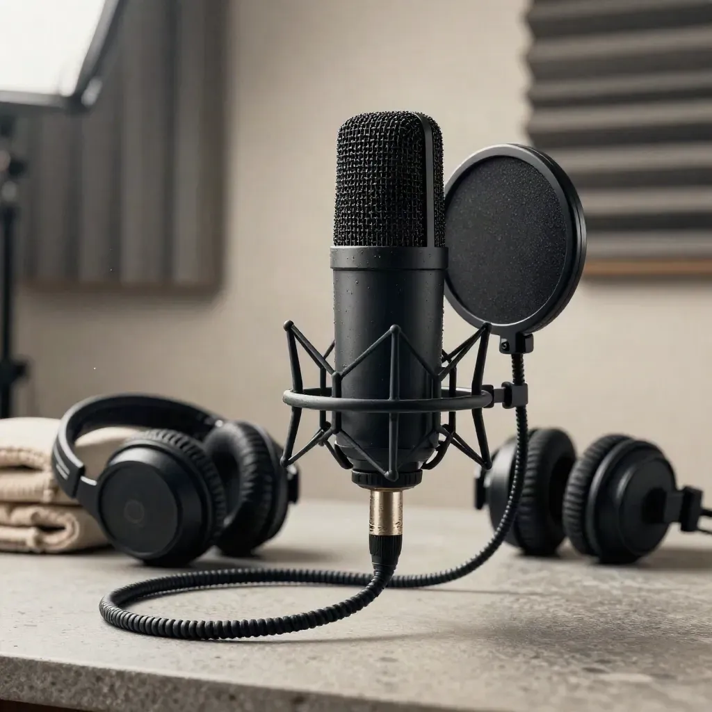 Microfono broadcast nero con schiuma, cavo intrecciato e cuffie in uno studio
