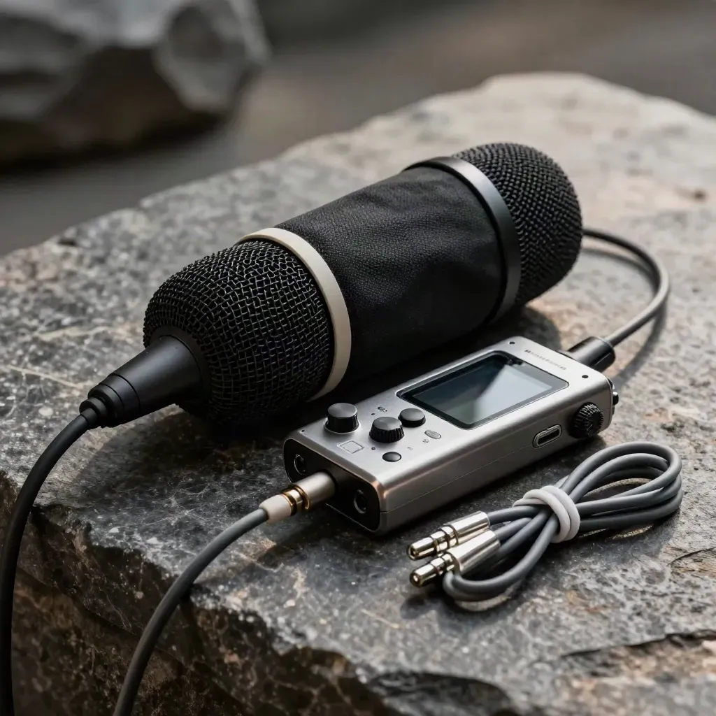 Kit audio da campo con microfono shotgun in blimp, registratore e cavi su pietra scura.