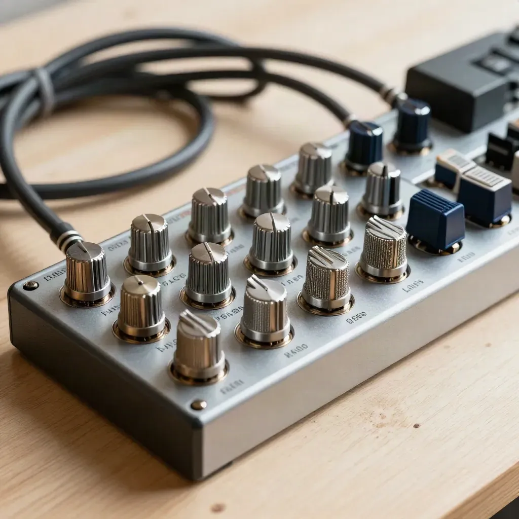 Patchbay analogico, due adattatori XLR e cavo arrotolato su legno chiaro.