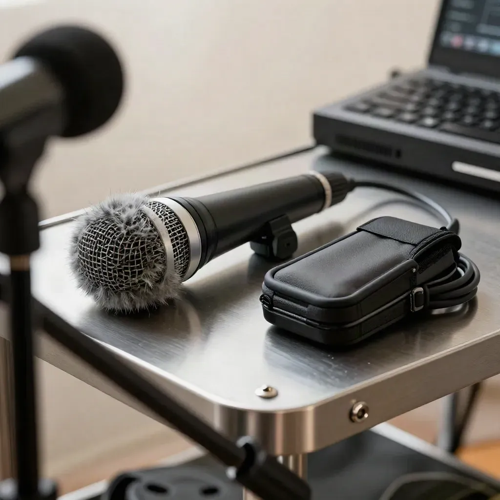 Kit audio da campo su metallo spazzolato con microfono lav, pelo antivento e belt pack