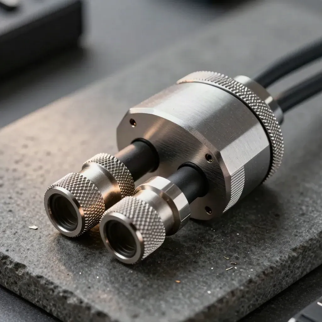 Connettore antironzio, cavi schermati e box metallico su pietra, macro dall’alto