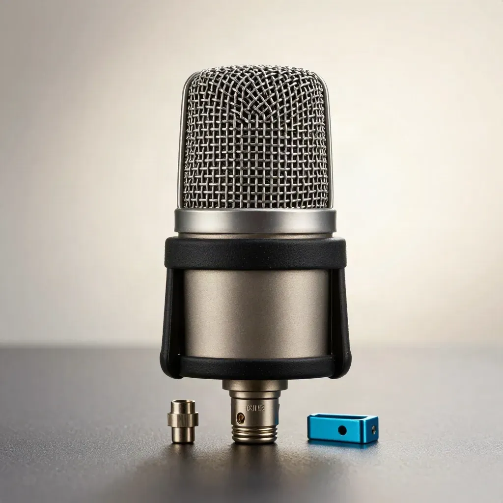 Capsula di microfono broadcast con griglia e supporto isolante su sfondo grafite