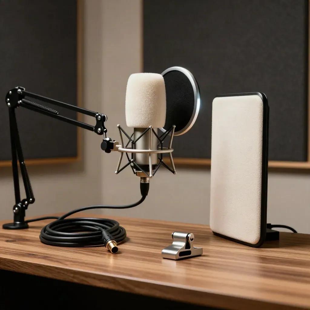 Braccio microfonico, shock mount e filtro pop in un angolo podcast, luce drammatica e polvere nell'aria.