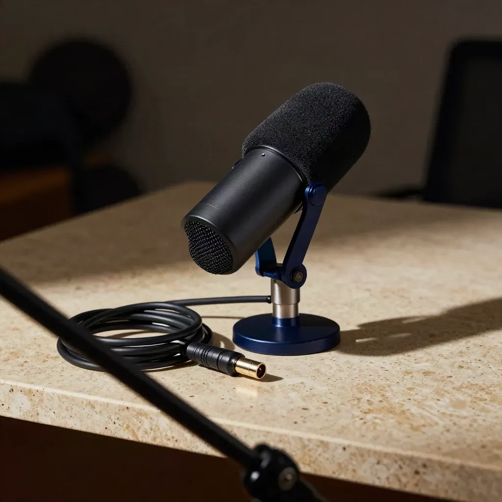 Microfono podcast con cavo arrotolato su mensola in pietra, luce drammatica e sfondo sfocato.
