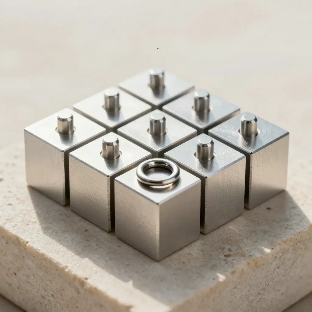 Blocchi modulari in alluminio e anelli di precisione allineati su pietra chiara, stile macro premium.