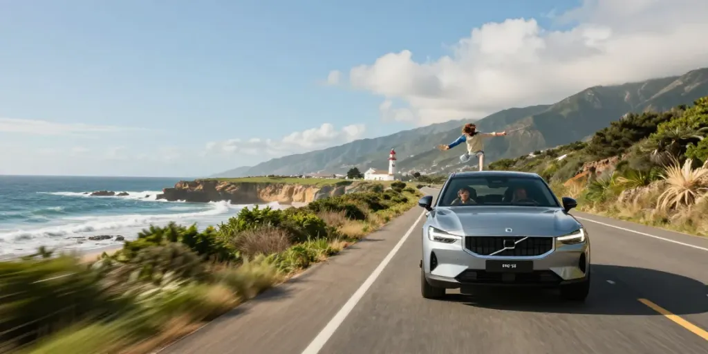 Noleggio lungo termine Polestar con famiglia in viaggio lungo costa, auto elettrica moderna in un paesaggio idilliaco.